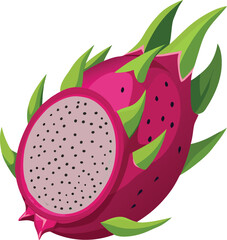 Vibrant pink dragon fruit illustration with visible seeds and green spines