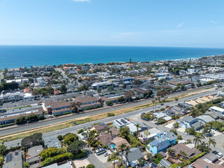 Fototapeta premium Aerial view of wealthy Encinitas town with blue ocean in San Diego, South California, USA. 