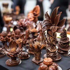 Exquisite chocolate creations in intricate floral designs.