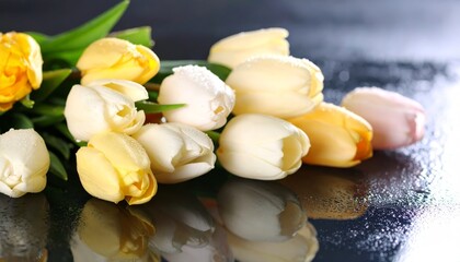 Vibrant yellow and white tulips in full bloom, a stunning spring display of nature's beauty