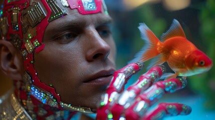 Cybernetic male with red electronic enhancements interacting with goldfish in futuristic setting