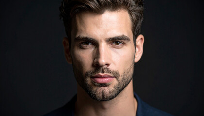 Obraz premium Portrait of handsome European man against dark backdrop. Beautiful skin. Young male.