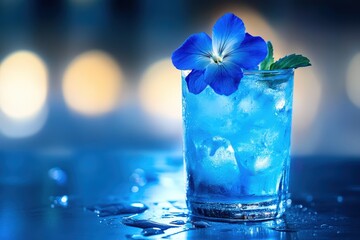 Vibrant blue cocktail garnished with a flower and mint.