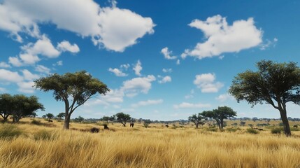 Obraz premium Serengeti Sunset: Golden Grasslands Under Azure Skies