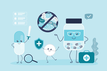 Pills and medicines defeat viruses and bacteria. Effective treatment, health protection, healthcare. Funny mascots with positive faces.
