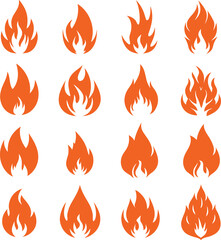 Collection of sixteen orange flame icons simple fire symbols for design projects