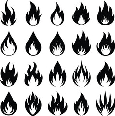 Collection of twenty diverse black and white flame icons for design projects