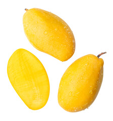Top view set of two ripe yellow mangoes with half and water droplets isolated with clipping path in png file format