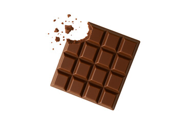 Close-up of a bitten milk chocolate bar with scattered crumbs isolated on white background, delicious sweet snack and dessert concept, perfect for confectionery, advertising, food photography