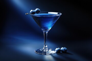 Vibrant blue cocktail garnished with blueberries.