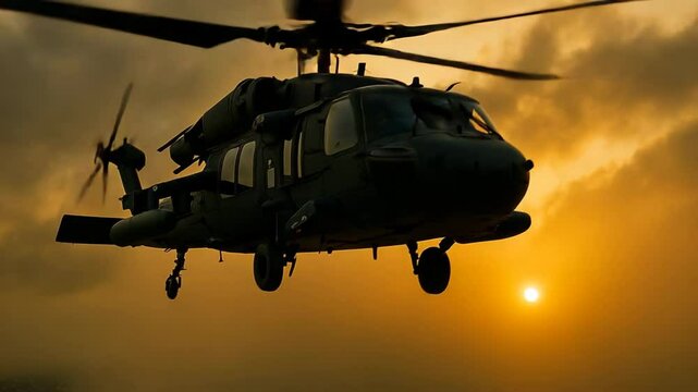 A military Helicopter taking off in a war zone