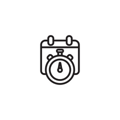 Outline icon of a calendar with a stopwatch, representing scheduling, deadline tracking, time management, and planning for timely goal completion.