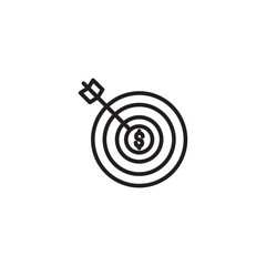 Outline icon of a dart hitting a bullseye with a dollar sign, representing financial goals, profit targeting, ROI, or successful business investment strategies.