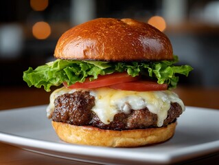 Gourmet burger with fresh lettuce, tomato, and melted cheese on brioche bun
