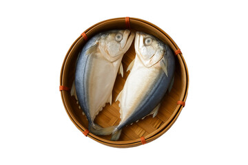 Fresh steamed mackerel fish in a traditional bamboo basket, popular Thai seafood ingredient used in authentic cuisine and street food markets