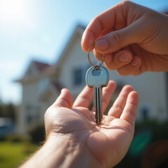 Hand Holding House Key in Front of New Home on a Sunny Day