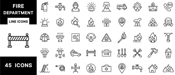 Fire Department Line Icons – Firefighters, Emergency Response, Safety Gear, Fire Alarms, Rescue Tools, Wildfire Risk, Hydrants, Smoke Detectors, and Fire Truck Set