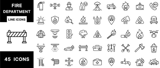 Fire Department Line Icons – Firefighters, Emergency Response, Safety Gear, Fire Alarms, Rescue Tools, Wildfire Risk, Hydrants, Smoke Detectors, and Fire Truck Set