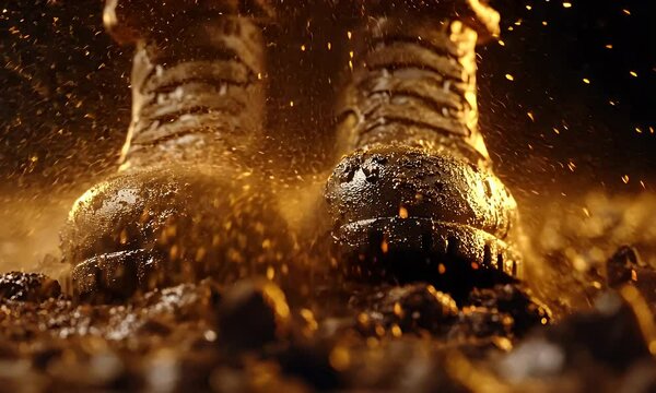 Boots stomp through mud in slow motion