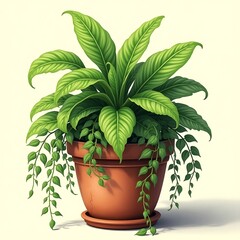 Fototapeta premium Potted plant, green foliage, leafy houseplant, terracotta pot, indoor gardening, nature illustration.
