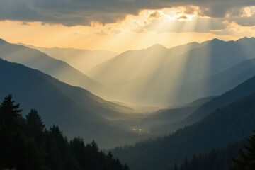 Obraz premium Sunrays Over Smoky Mountains – Ideal for Travel Banners, Meditation Blogs, Nature Posters, Background Images, and Weather Forecast Visuals