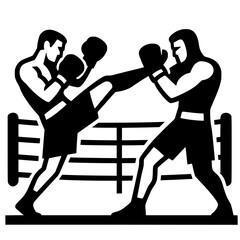 a silhouette illustration of two kickboxers sparring in a boxing ring. One fighter throws a high kick while the other blocks with boxing gloves. Clean vector-style graphic