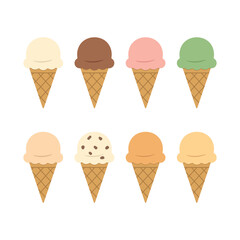Vector illustration set of ice cream cones in different flavors, including vanilla, chocolate, strawberry, mint, and more, isolated on a white background. A summer cold and sweet dessert.