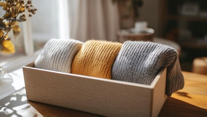 Cozy wool socks in box with sunlit room.