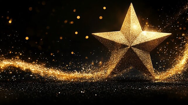 Golden star on a dark background with glittering particles. - Powered by Adobe