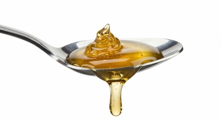 Golden honey drips from spoon. Sweet, healthy food for cooking or breakfast use