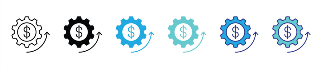 monetary mechanism icon set. gear inspired financial system with dollar movement for business optimization thin line and color style icon symbol sign. vector illustration
