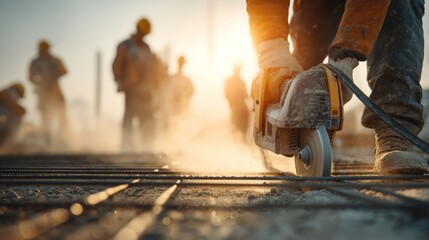 Skilled construction worker operating power tool on rebar or concrete, team working in background, dusty environment with warm sunlight, real-life action scene