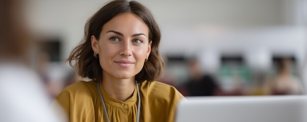 Young caucasian female professional in yellow blouse focused at workspace