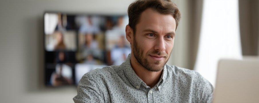 Caucasian young adult male working on laptop in home office setting