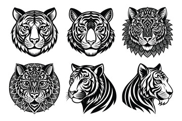 Six Stunning Black and White Tiger Head Illustrations Perfect for Tattoos, Designs, and Art Projects