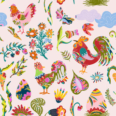 Easter seamless pattern with colorful roosters, hares, flowers and decorative eggs in folk style. Spring festive design for fabric, packaging and cards.
