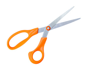 Top view of a pair of multipurpose scissors with orange handle isolated with clipping path in png file format
