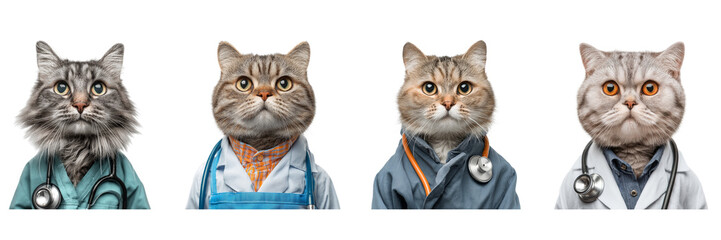 Set of cat doctor with stethoscope and apron look at the camera isolated on a transparent background
