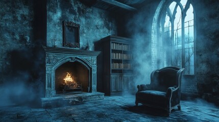 Abandoned victorian house interior with fireplace cartoon background. Antique messy furniture and broken armchair with spider web design. 