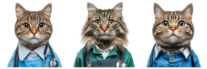 Set of cat doctor with stethoscope and apron look at the camera isolated on a transparent background