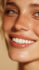 Fototapeta premium Radiant close-up of a woman's face showcasing healthy skin, bright eyes, and a confident smile, emphasizing natural beauty and personal dental care.