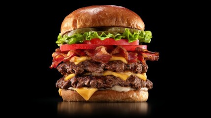 Delicious triple cheeseburger with bacon, lettuce, and tomatoes on a black background