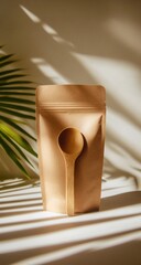 Ecofriendly pouch with wooden spoon, and sunlight.