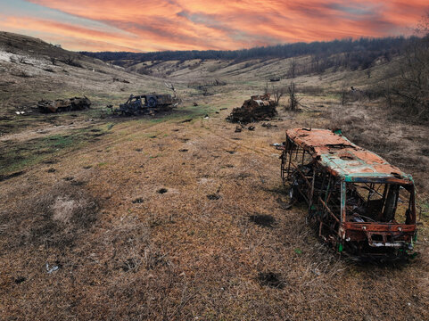 Destructive aftermath of war in Ukraine, shot from above