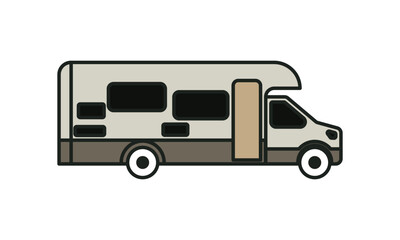 Modern RV parked in scenic mountain landscape under bright blue sky