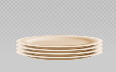 Realistic stack of four empty beige round plates, perfect for kitchenware, restaurant, or home decor concepts.