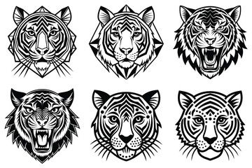 Geometric Tiger Head Illustrations Six Unique Black and White Designs