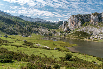 Lake Ercina, one of the group known as Lakes of Covadonga, in the Picos de Europa National Park, Asturias region, northern Spain