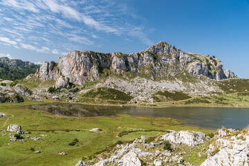 Lake Ercina, one of the group known as Lakes of Covadonga, in the Picos de Europa National Park, Asturias region, northern Spain