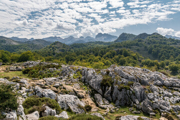 Panoramic view of the Picos de Europa mountains from a trail around Covadonga lakes; Asturias, northern Spain